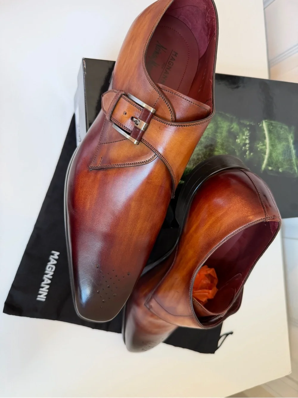 Magnanni Cognac Leather Dress Shoes 12 Hand Antiqued Finish, NIB